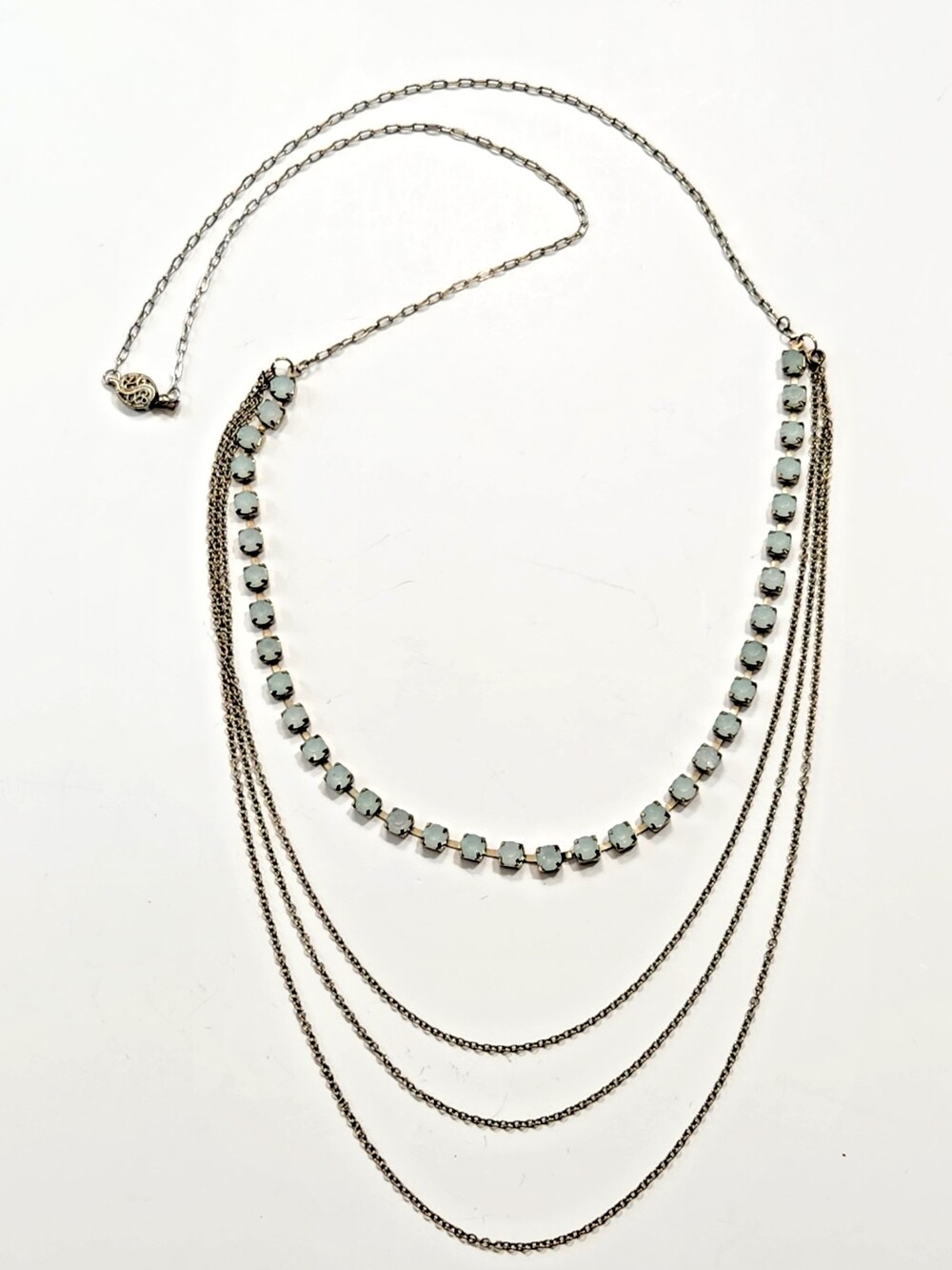 Vtg 4 Layer Mixed Metal Necklace Opal-like Glass Rhinestones Oval Link Chains